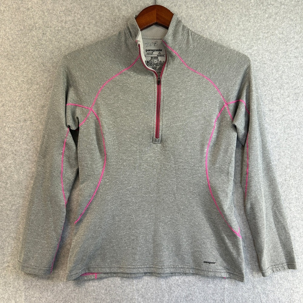 Patagonia Womens Small Capilene 3 1/4 Zip Gray Pink Base Layer Long Sleeve Shirt